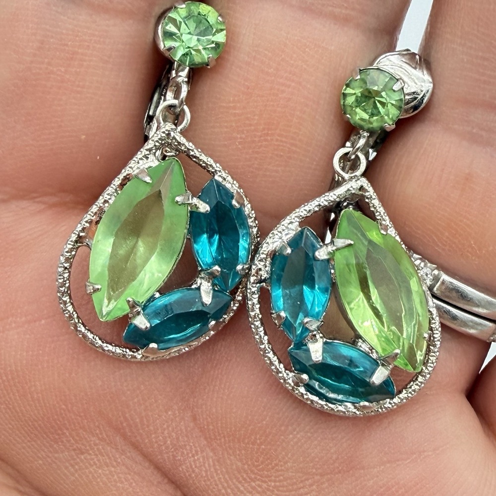 Vintage Rhinestone Earrings Blue Green Crystal Open Back Dangle Clip 60s Estate